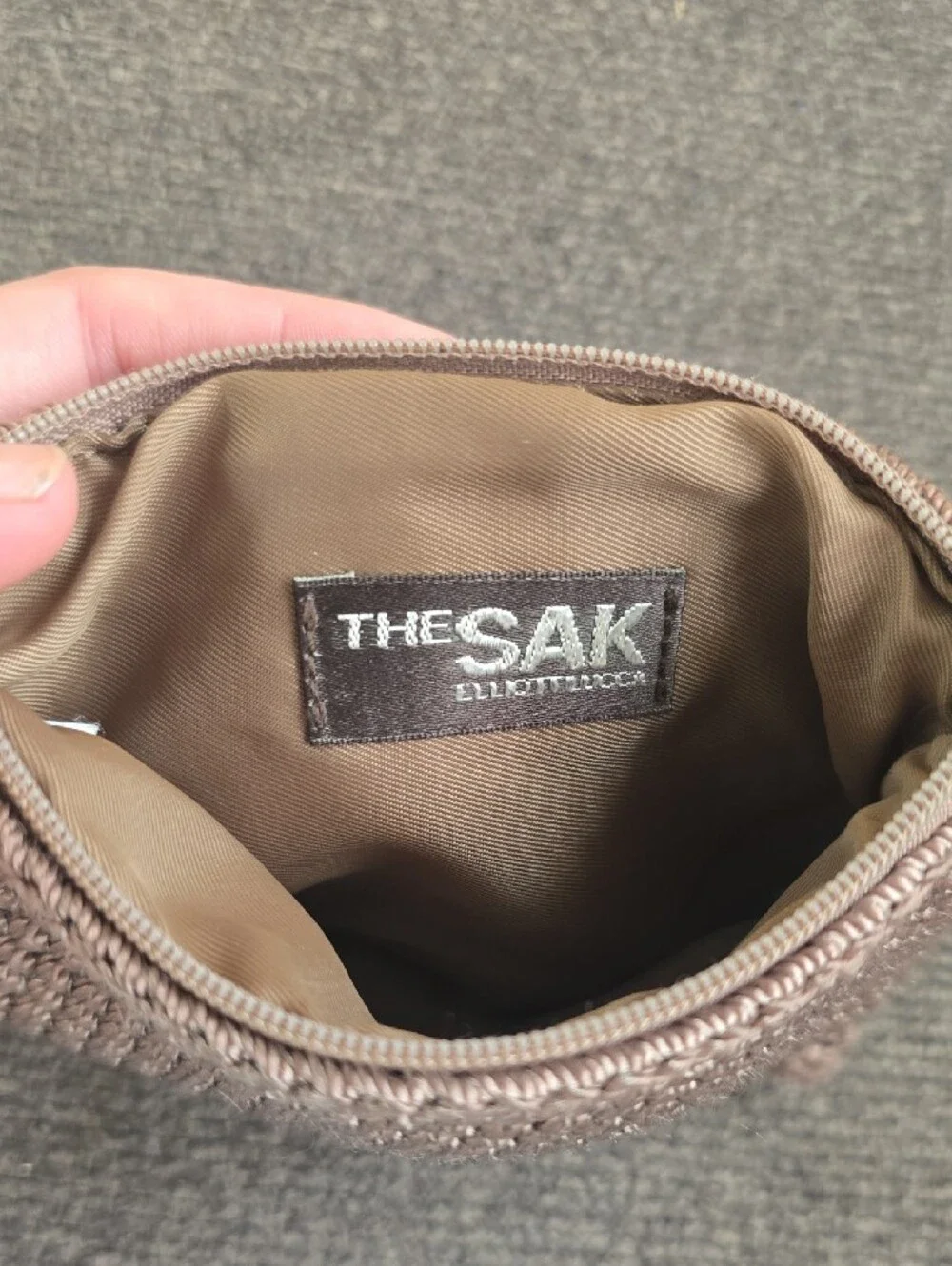 The Sak Crochet Zip Pouch in Brown